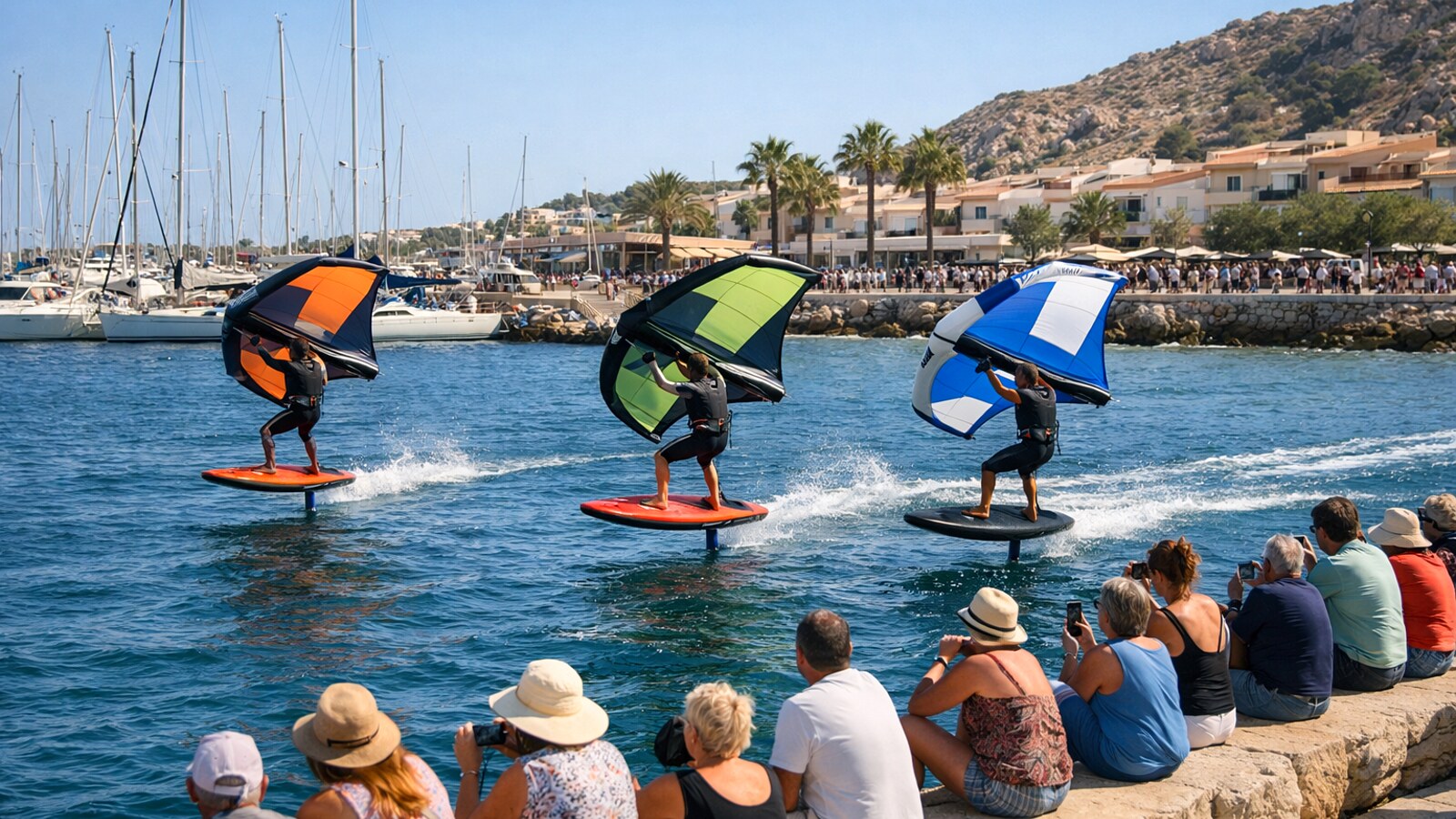 Drei Wingsurfer fahren auf Foil-Boards nahe einem Yachthafen über das Wasser, während Zuschauer an der Uferpromenade sitzen und zusehen (KI-Symbolbild).