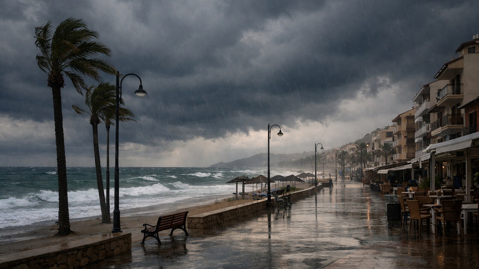 Eine menschenleere Strandpromenade an einer mediterranen Küste liegt bei Regen und starkem Wind unter dunklen Gewitterwolken, mit aufgewühltem Meer, gebogenen Palmen und nassem Straßenbelag vor Häusern und Lokalen (KI-Symbolbild).