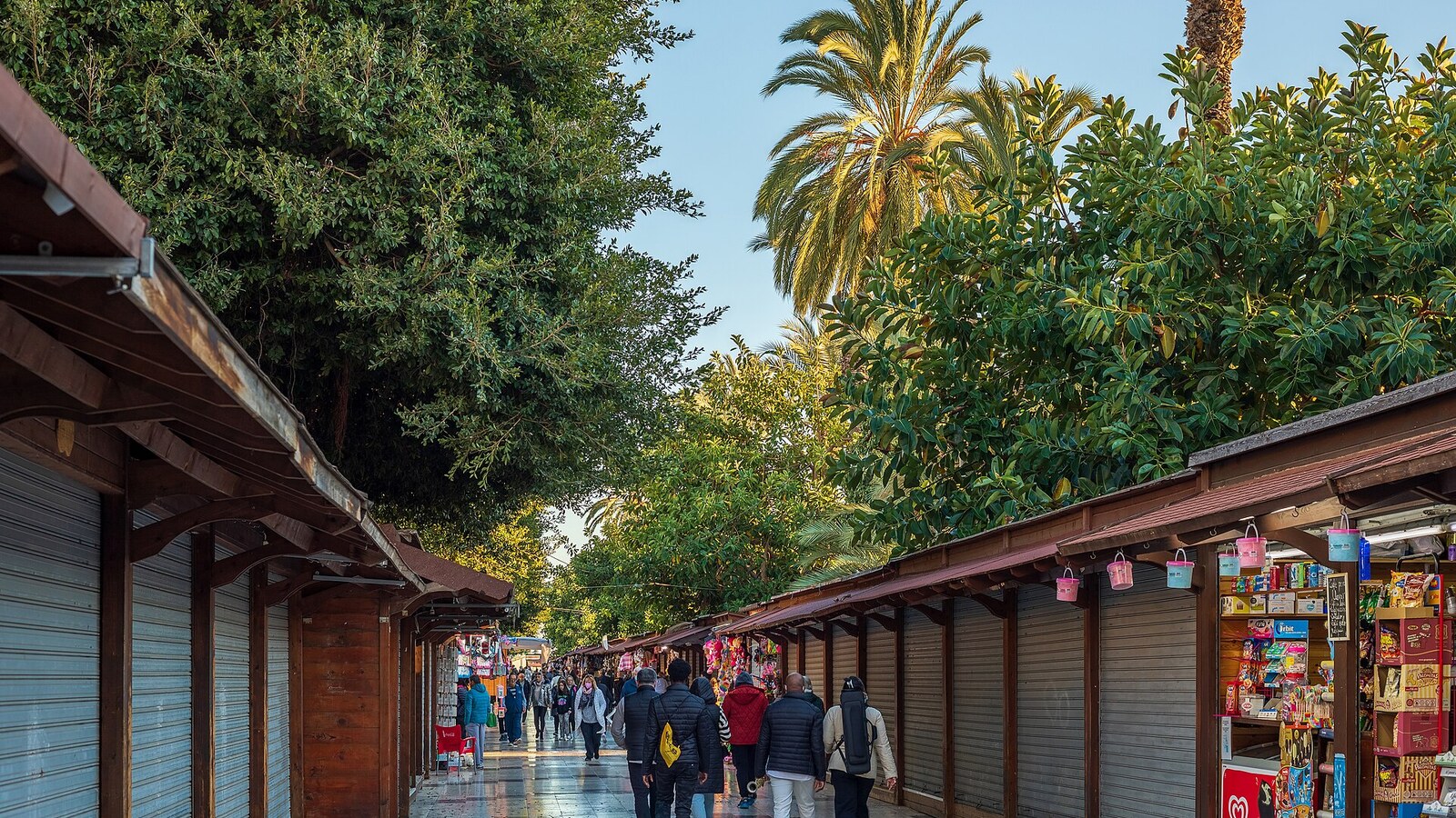 Gasse mit Holzbuden und Passanten unter Palmen an der Promenade von Torrevieja.
