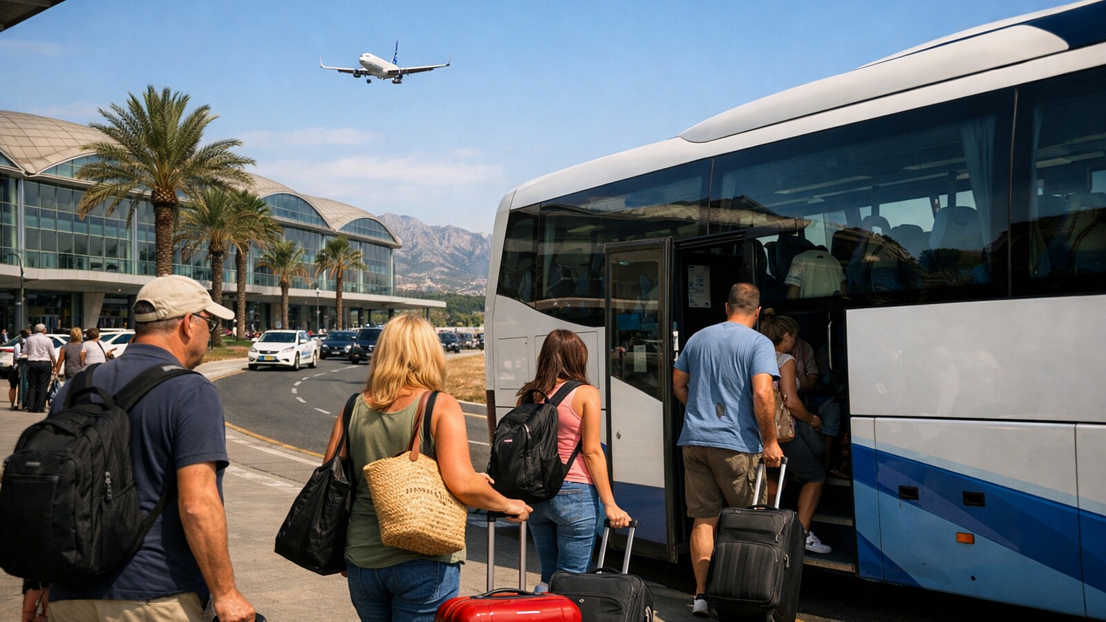 Erzeugtes Symbolbild: Reisende steigen am Flughafen in einen Linienbus.