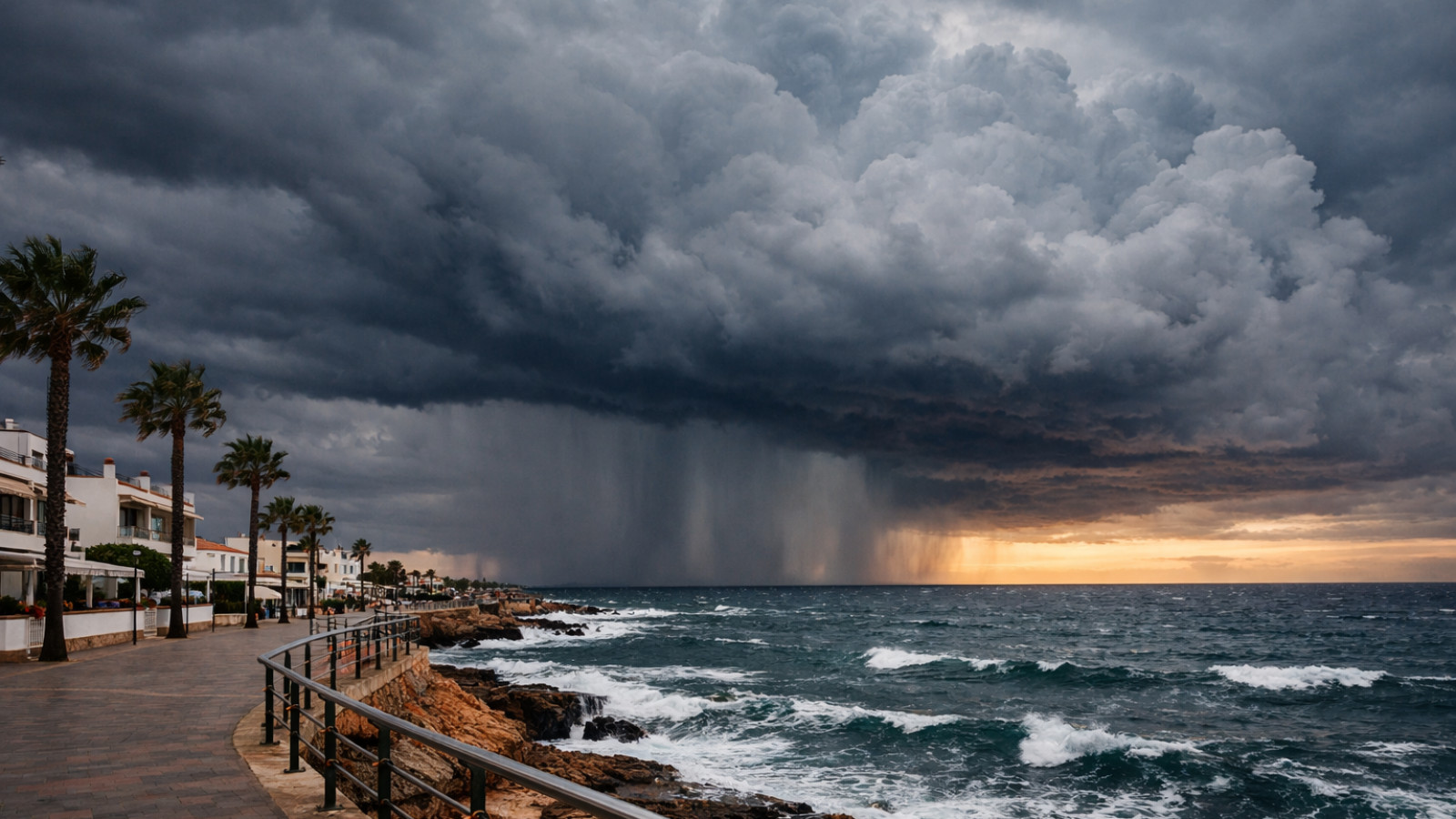 Erzeugtes Symbolbild: Gewitterwolken mit Regenvorhang über dem Meer. Wetter an der Costa Blanca und der Costa Cálida am 20.10.2026: Gewitter möglich, 24 bis 27 Grad.