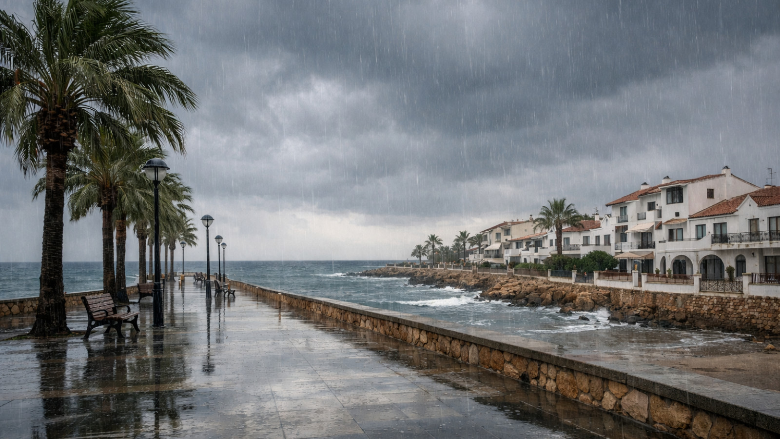 Erzeugtes Symbolbild: Regen auf einer Palmenpromenade am Meer.